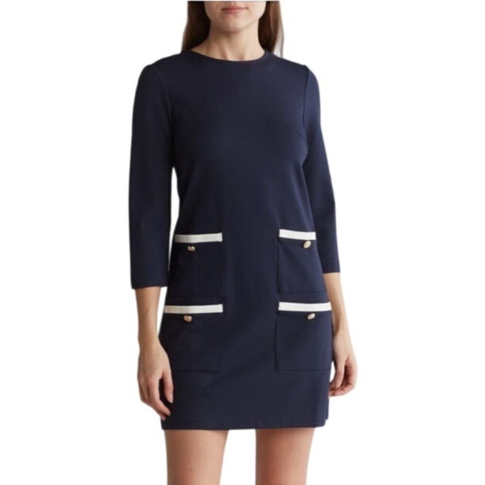 Eliza J Sheath Dress Stretch Jersey Knit Navy Blue SZ 8 NWOT Preppy Officecore